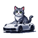 Pixel Art: grey cat sitting in porshe 911 2023
