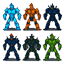 A towering, heavily armored robot with a rooster-like head crest, depicted in six variations across three combat phases. Phase one has electric blue accents. Phase two is bright orange. Phase three is bright green.