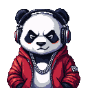 Stylized panda rapper wearing headphones and a silver chain, with a red hooded jacket over a white t-shirt.