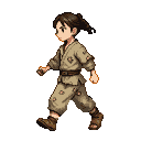 Young boy in patched linen tunic and trousers, straw sandals, walking left.