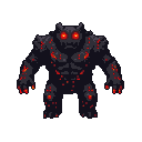 Hulking demon with charcoal body, glowing red and orange embers, piercing crimson eyes, and muscular build, against a black background.