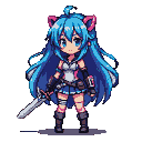 Anime-style character with blue hair, pink cat ears, white crop top, blue pleated skirt, dark boots, and a silver sword.