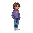 Teen boy in purple hoodie and ripped jeans, hands in pockets, smirking.