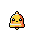 Yellow and orange pixel art bell icon with large dark eyes, white highlights, and a small yellow clapper, on a black background.