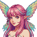 Pixie girl with flowing pink, teal, and lavender hair, luminous blue eyes, and delicate pointed ears. Ethereal pastel wings unfurl behind her, glowing gently. She has a subtle, knowing smile.
