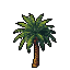 A solitary palm tree with green fronds and a brown and orange pixelated trunk against a black background.
