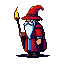 Elderly wizard in a red robe and pointed hat, holding a flickering torch.