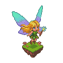 A blonde pixie with butterfly wings, wearing a green tunic, holds a sparkling wand aloft on a grassy island with mushrooms.