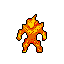 A blocky fire elemental with a robust build, its body a pulsing mosaic of reds and yellows. Jagged flame-like protrusions adorn its head and shoulders.