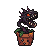 A menacing potted plant with dark, thorny foliage, a gaping maw with sharp teeth, and glowing red eyes, sitting in a scarred terracotta pot.