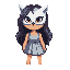 Young girl wearing a white, angular owl mask over her eyes, with dark curly hair and a light blue pixelated dress.