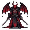 A daemon with red skin, horns, and a black Templar cross robe grips two sabers. Its mangled bat wings are broken.