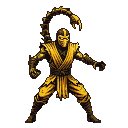 Scorpion, the Mortal Kombat ninja, in a low stance with his scorpion tail arched overhead.
