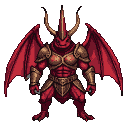 Bipedal beetle knight with crimson exoskeleton and golden armor, wings spread wide, holding forelimbs forward, and a prominent horn on its head.