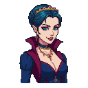 Vampire princess with piercing blue eyes, teal hair adorned with a golden tiara, and pointed ears. She wears a deep blue gown, a crimson cape, and gold jewelry.