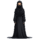 Pixel Art: A Muslim girl in a hijab with wide clothes covering the whole body in a niqab where only the eyes are visible In full-length black clothes from head to toe In nikyaba, where the forehead, eyebrows, and lower part of the face are not visible, only the eyes and she stands straight And her hands are in black gloves and her forehead is covered with a black hijab. Her dress is wide and not tight She has gloves that cover her entire hand and fingers, and she has an abaya with wide sleeves. (generated with AI by Illudor Nightshade).