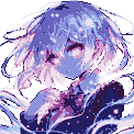 A solitary figure with flowing lavender and pink hair, luminous vacant eyes, partially obscured by swirling abstract lines and a dark, star-dusted garment, against a black background.