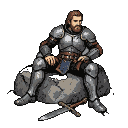 Weary knight in battered silver armor, slumped on a stone, with a blue tabard visible. His sword lies discarded before him.