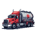 Red semi-truck with a silver tank trailer featuring a red emblem.