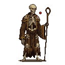 Skeleton in a tattered brown robe with golden trim and skull motifs, holding a staff. A small red pixel hovers near its head.