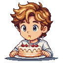 Young boy with blue eyes and golden-brown hair blowing out a single candle on a frosted cake with cherries.
