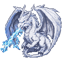 A white dragon unleashes blue lightning from its mouth, wings flared.