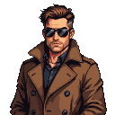 Pixel Art: a detective with an athletic frame wearing a long brown tren...