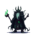 Ash Druid with spiky armor, flowing cape, pale beard, and a staff emitting vibrant green arcane flame.