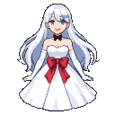 Young woman with long white hair, blue streak, and blue eyes, wearing a strapless white gown with a red bow, white opera gloves, and a black butterfly choker.