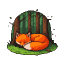 An orange fox sleeps curled on green grass at the base of stylized trees.