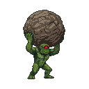 Green cyclops straining to balance a large boulder on its head, single red eye glowing intensely.