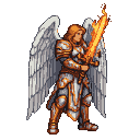 Majestic archangel in silver and gold ornate armor, with unfurled white wings, holding a flaming sword.