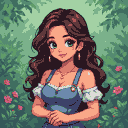 Young woman with dark brown hair and green eyes, wearing a blue sundress with puffy sleeves, hands clasped, standing in front of lush green foliage and pink flowers.