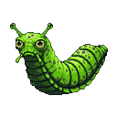 A bright green, segmented slug-like creature with large yellow and brown eyes, dark green spots, and delicate antennae, looking melancholic.