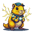 A cheerful, yellow capybara wearing a blue cap and collar with a glowing white orb, crackling with bright yellow electricity.