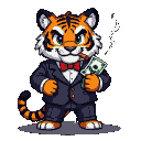 A tiger in a dark suit and red bowtie, holding a cigar in its mouth and a wad of cash in its paw.