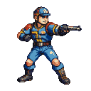 A determined fighter in a blue uniform with red and yellow accents aims a pistol.