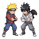 Two anime characters, one with blonde spiky hair and a red jacket, the other with dark hair and a grey hoodie, stand in a confrontational pose, fists clenched, ready for battle.