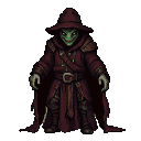 Sinister necromancer in crimson cloak and pointed hat, with a reptilian, grinning face and glowing green eyes, holding hands forward.
