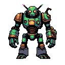 Steampunk golem made of dark teal and bronze metal, with glowing yellow eyes and visible mechanical joints.