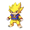 Anthropomorphic creature with spiky yellow hair, red eyes, and a yellow body wearing a blue tunic with a golden clasp, in a determined, aggressive pose.