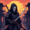 Spectral samurai in futuristic armor and hooded cloak, with red LED eyes, holding a cyber katana. Traditional Japanese architecture silhouetted against a dramatic sunset.