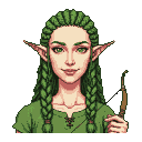 Pixel art portrait of a serene elven woman with emerald eyes, green braided hair, and pointed ears, wearing a green tunic, holding a wooden bow.