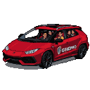 Vibrant red Lamborghini Urus with Grêmio championship emblem, driven by MC Menor K, with Buzeira, MC Ryan SP, MC IG, and MC Kevin as passengers.