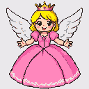 A pixelated princess with bright yellow hair, golden crown, and white wings, wearing a vibrant pink gown, smiles with arms outstretched.