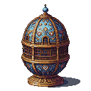 An ornate, egg-shaped structure detailed with golden filigree, blue enamel, and tiny bookshelves.