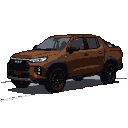 Earthy brown SsangYong Musso SUV in side-view, showcasing its rugged, boxy design with high ground clearance, bold grille, and sharp LED headlights, rendered in 32-bit pixel art style.