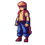 A JRPG character with red hair and a determined expression, wearing a crimson vest, tan tunic, blue trousers, red boots, and a flowing crimson cape.