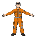 Young man in an orange mechanic's jumpsuit with gray accents, arms outstretched in a T-pose, goggles on forehead.