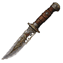 A medieval hunting knife with a slightly weathered blade featuring intricate golden filigree. The handle is wrapped in textured brown leather and capped with a detailed metallic pommel.